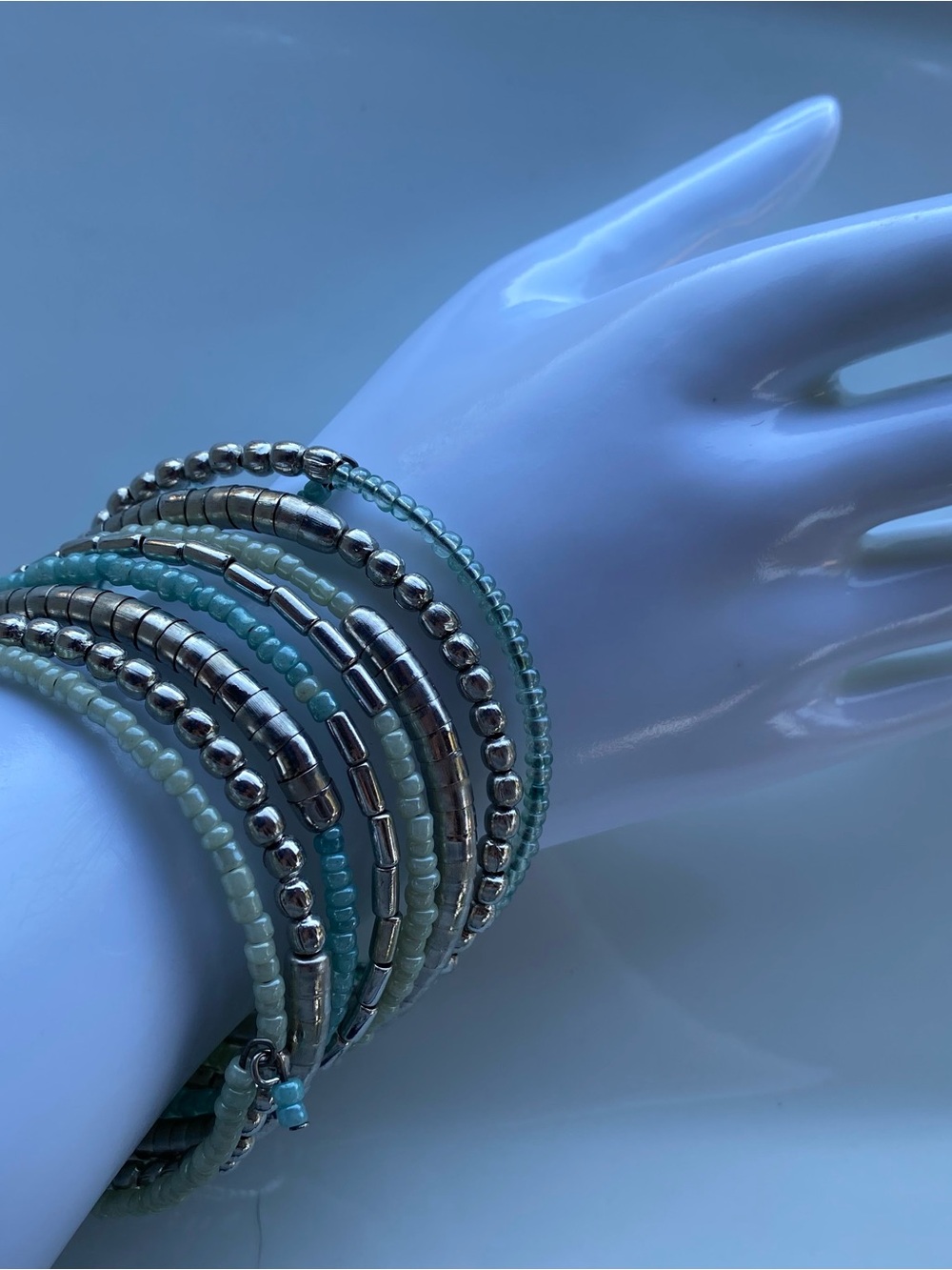 Silver and Aqua Multi-Strand Beaded Stretch Bracelet - Women Jewelry